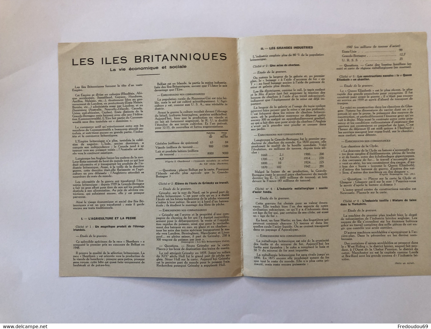 Documentation Pédagogique - Ecole - Géographie  - Les Iles Britanniques - La Vie économique Et Sociale - Février 1953 - Fiches Didactiques