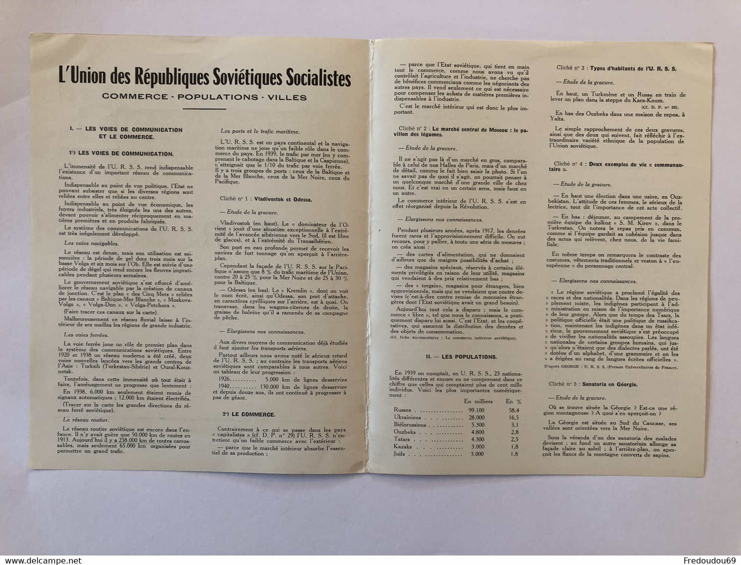 Documentation Pédagogique - Ecole - Géographie  - L'URSS - Commerce - Population - Villes - Mai 1953 - Fichas Didácticas