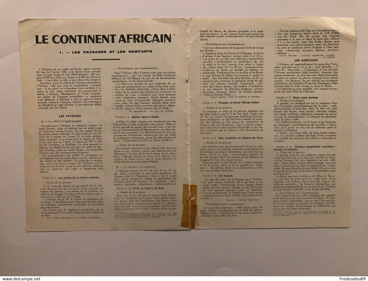 Documentation Pédagogique - Ecole - Géographie  - Le Continent Africain - Les Paysages Et Les Habitants - Octobre 1953 - Fichas Didácticas