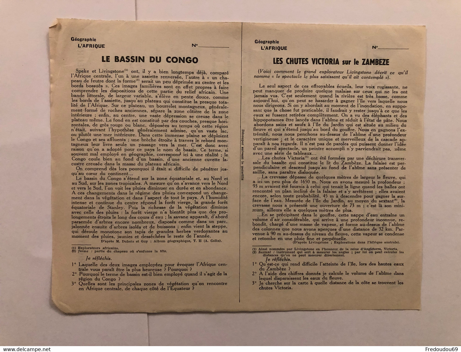 Documentation Pédagogique - Ecole - Géographie  - Le Continent Africain - Les Paysages Et Les Habitants - Octobre 1953 - Fichas Didácticas