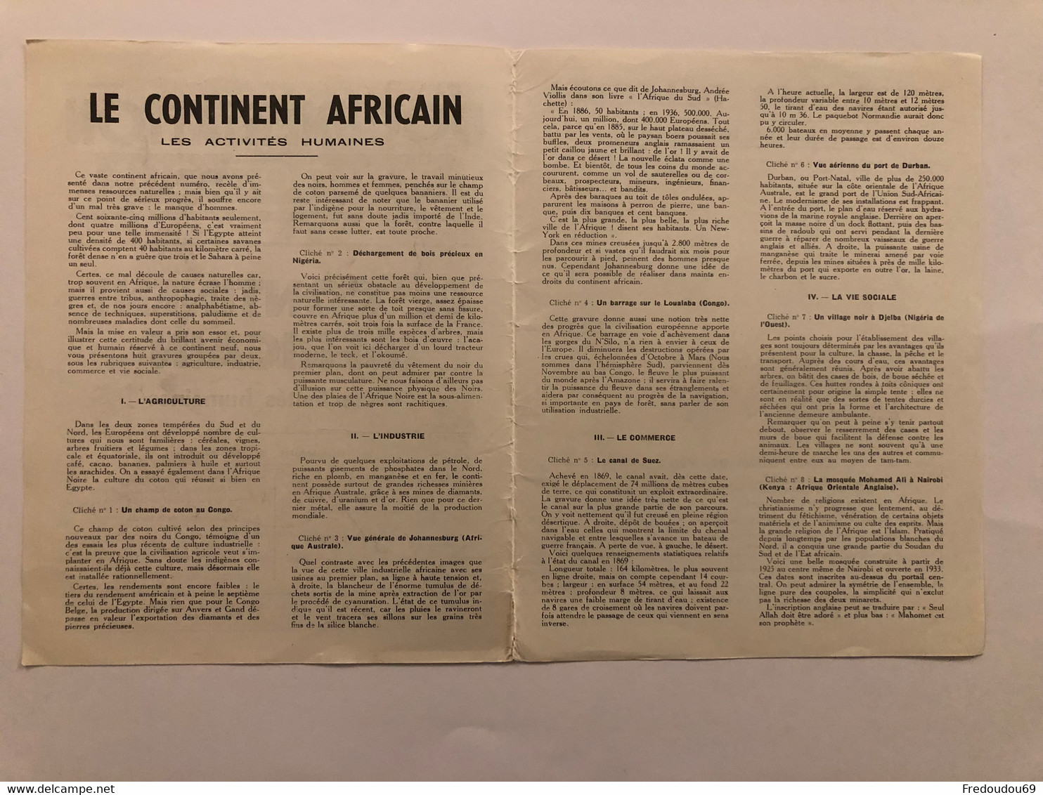 Documentation Pédagogique - Ecole - Géographie - Le Continent Africain - Les Activités Humaines - Novembre 1953 - Fichas Didácticas