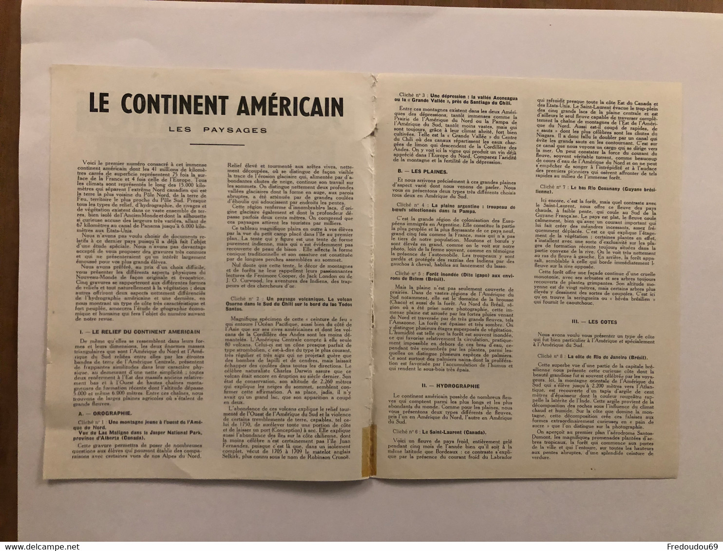 Documentation Pédagogique - Ecole - Géographie - Le Continent Américain - Les Paysages - Décembre 1953 - Fiches Didactiques