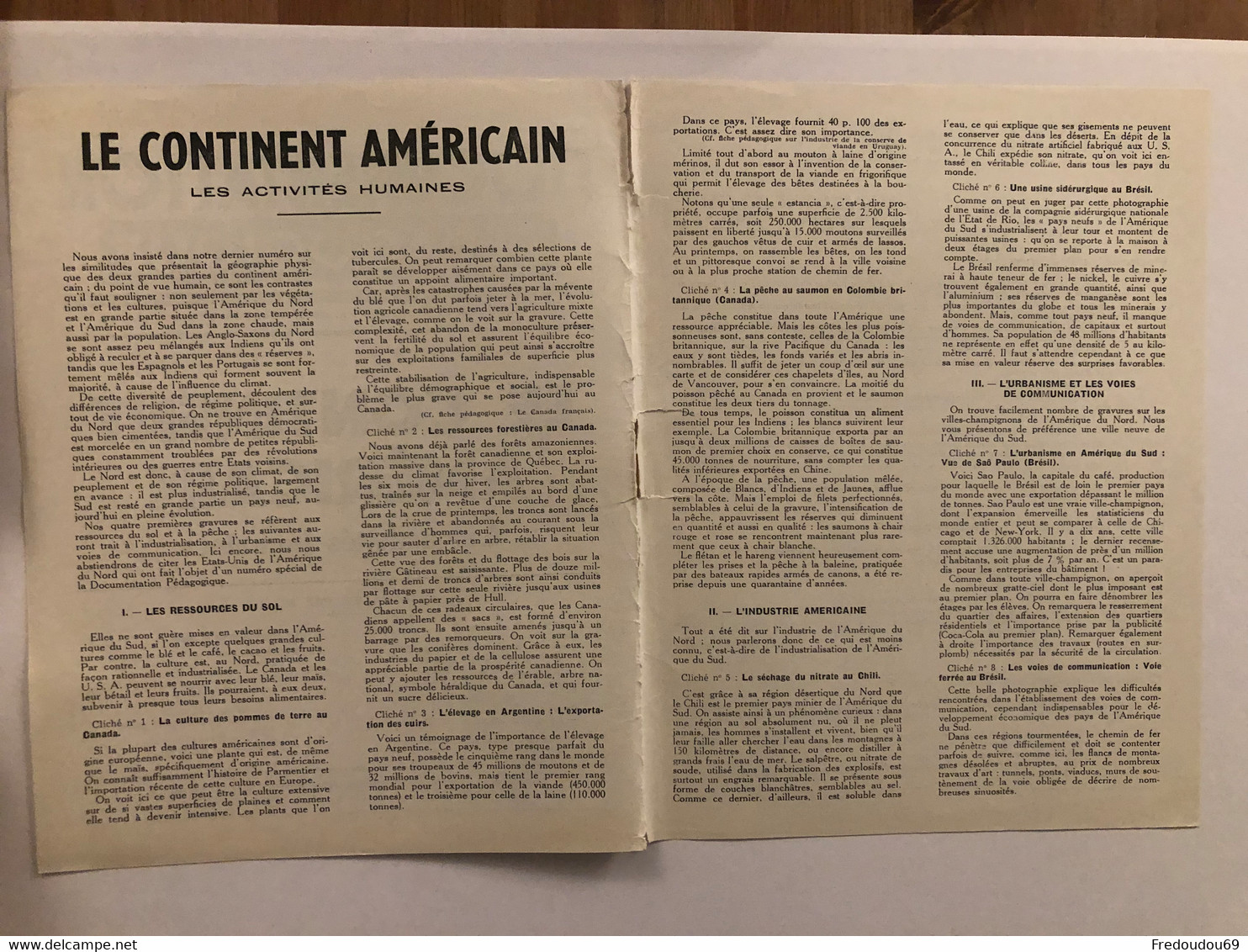 Documentation Pédagogique - Ecole - Géographie - Le Continent Américain - Les Activités Humaines - Janvier 1954 - Fichas Didácticas