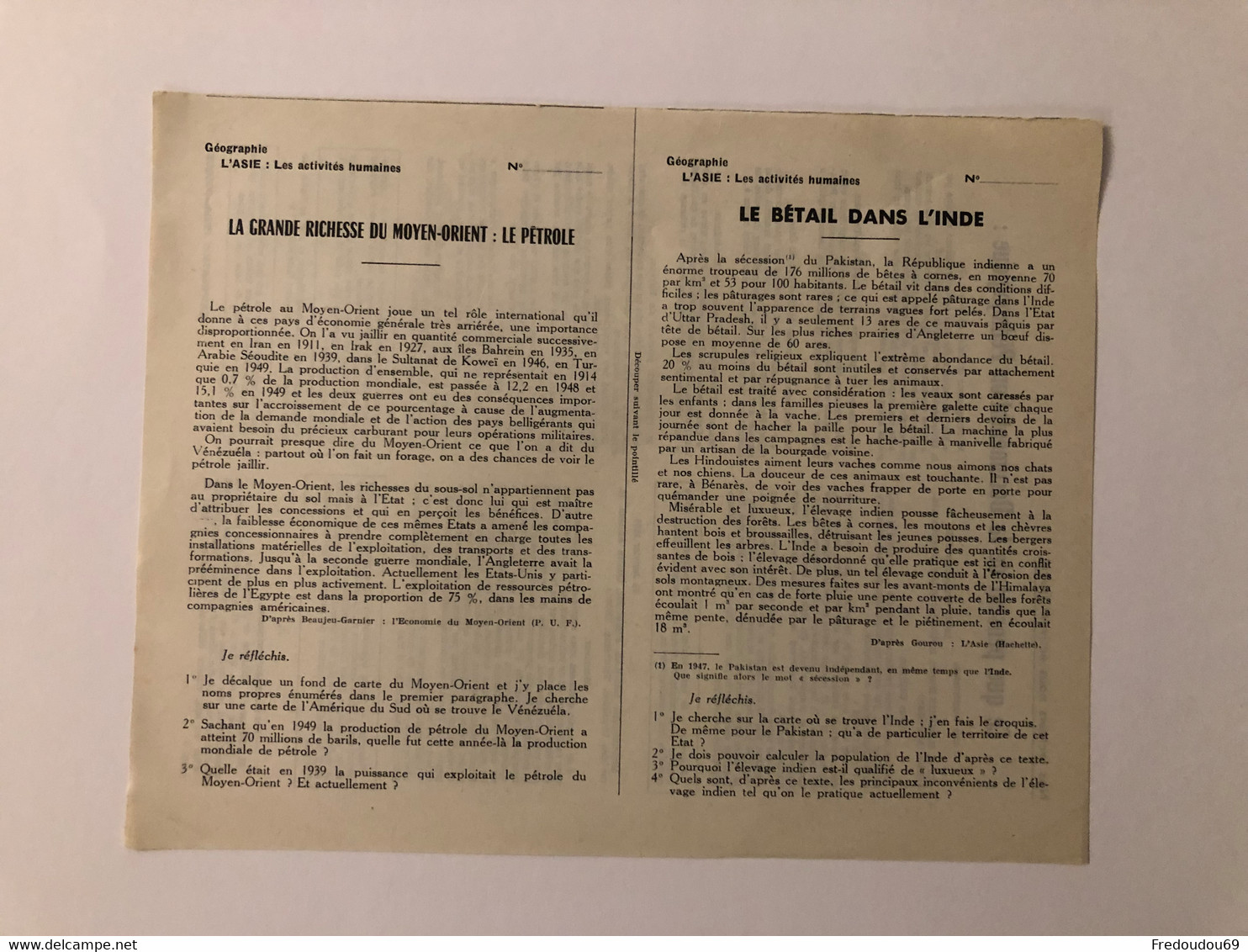 Documentation Pédagogique - Ecole - Géographie - L'Asie - Les Activités Humaines - Mars 1954 - Fiches Didactiques