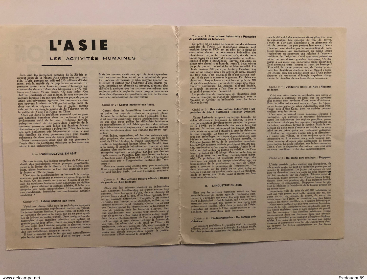 Documentation Pédagogique - Ecole - Géographie - L'Asie - Les Activités Humaines - Mars 1954 - Lesekarten