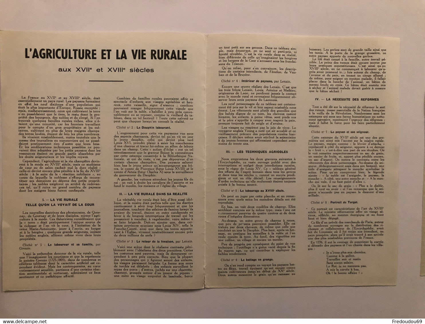 Documentation Pédagogique - Ecole - L'agriculture Et La Vie Rurale Aux XVIIeme Et XVIIIeme Siécles - Juin 1954 - Fiches Didactiques