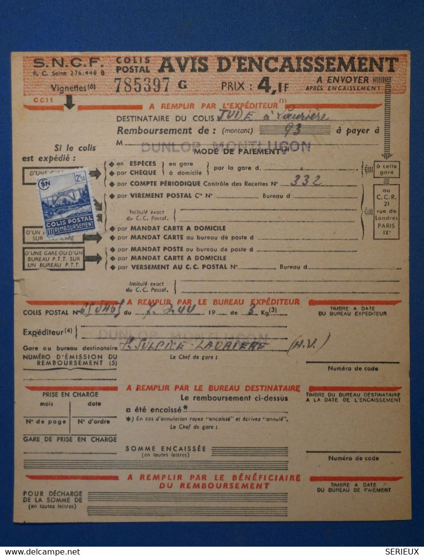 A0 2 FRANCE  AVIS D ENCAISSEMENT COLIS POSTAL  1944  +AFFRANCH. INTERESSANT - Storia Postale