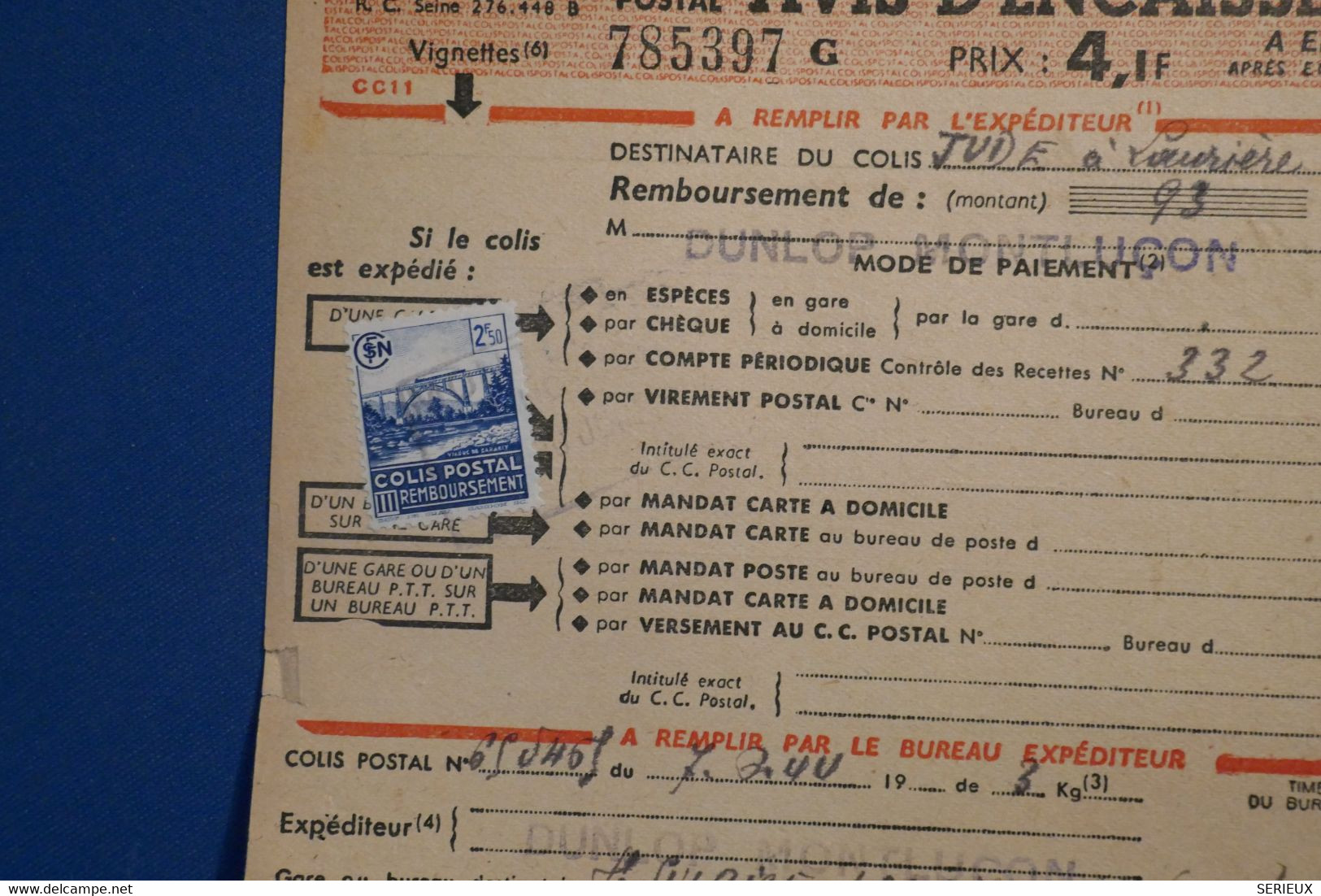 A0 2 FRANCE  AVIS D ENCAISSEMENT COLIS POSTAL  1944  +AFFRANCH. INTERESSANT - Lettres & Documents