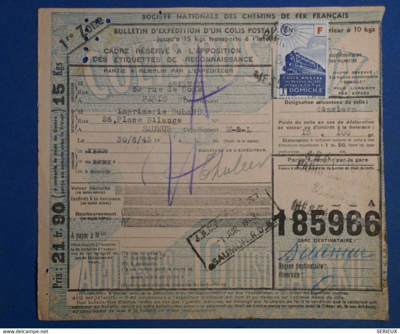 A0 2 FRANCE  AVIS D ENCAISSEMENT  COLIS POSTAL  1943 + SAUMUR  +AFFRANCH. INTERESSANT - Briefe U. Dokumente