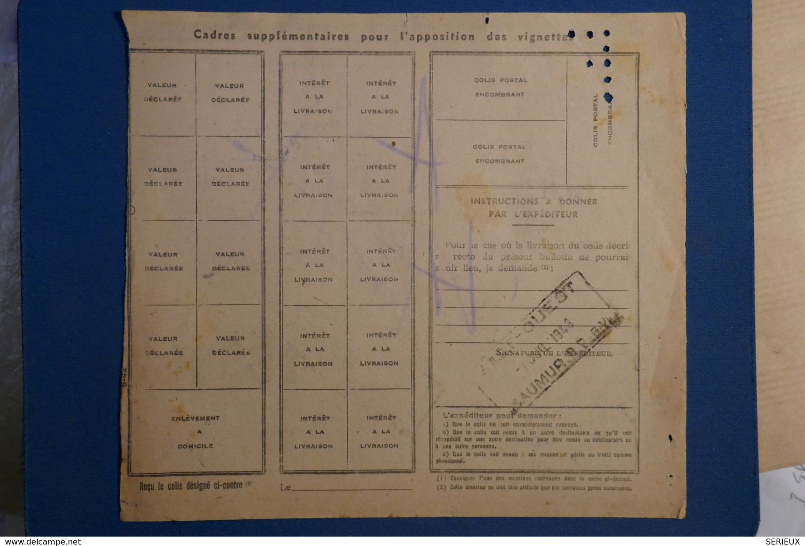 A0 2 FRANCE  AVIS D ENCAISSEMENT  COLIS POSTAL  1943 + SAUMUR  +AFFRANCH. INTERESSANT - Lettres & Documents