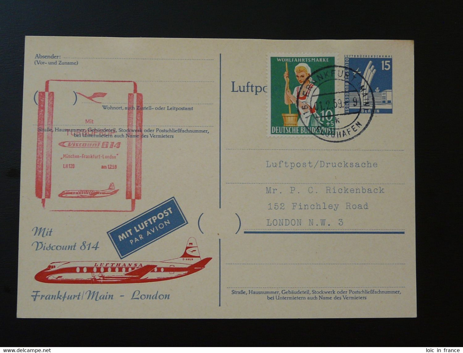 Entier Postal Stationery First Flight Viscount 814 Frankfurt London 1959 95305 - Privatpostkarten - Gebraucht