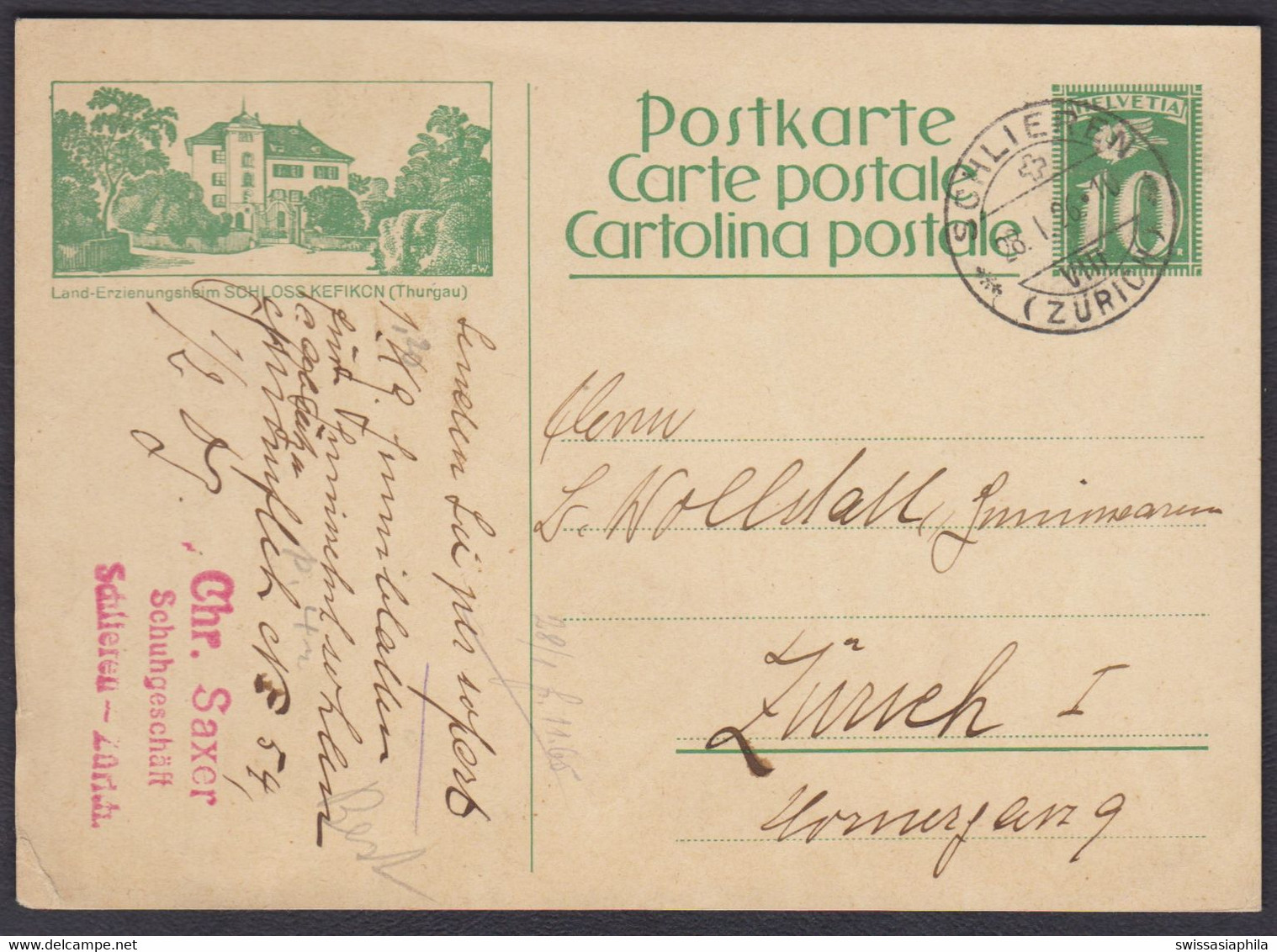 ZH  SCHLIEREN  ( ZÜRICH ) - POSTKARTE SCHLOSS KEFIKON -  SEHR SAUBERER STEMPEL 1926 - Covers & Documents