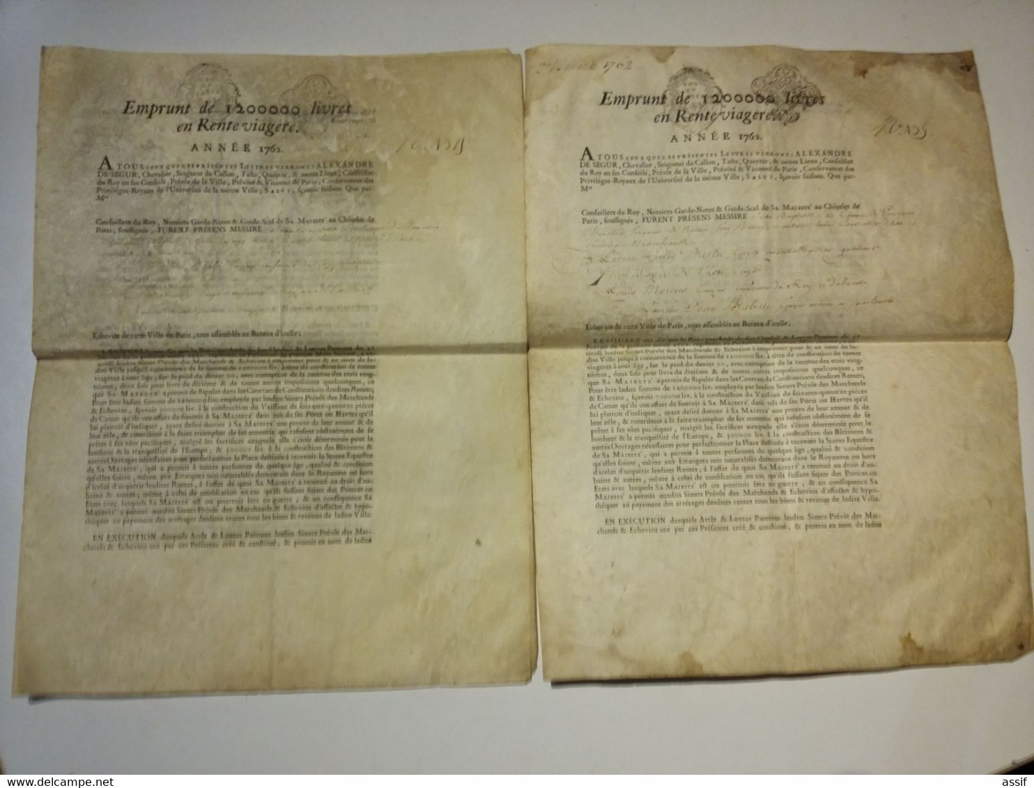 Paris Emprunt 1762. 2 Titres De Rente Viagère X 1000 Livres  Prévôt De Pontcarré Religieuses St Sulpice La Forêt - Historical Documents