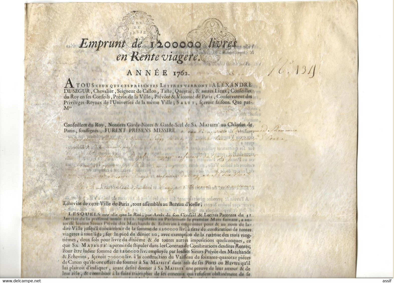 Paris Emprunt 1762. 2 Titres De Rente Viagère X 1000 Livres  Prévôt De Pontcarré Religieuses St Sulpice La Forêt - Historical Documents