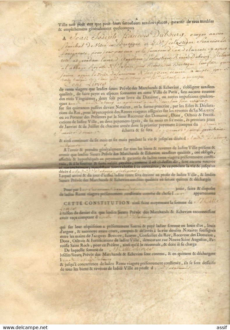 Paris Emprunt 1762. 2 titres de rente viagère x 1000 livres  Prévôt de Pontcarré Religieuses St Sulpice la Forêt