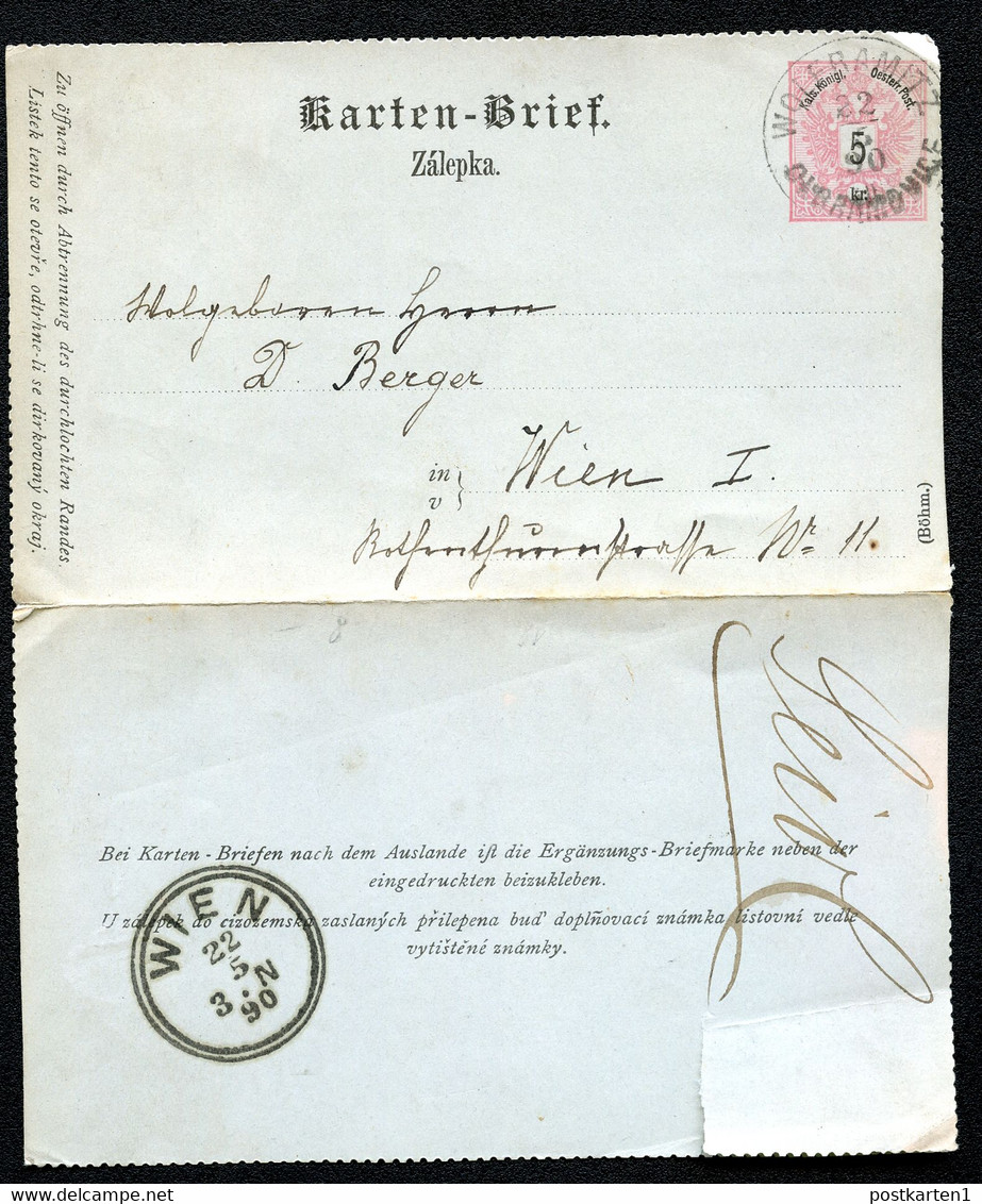 ÖSTERREICH Kartenbrief K9 Gebraucht Wolframitz Olbramovice - Wien 1890 Kat. 10,00 € - Letter-Cards