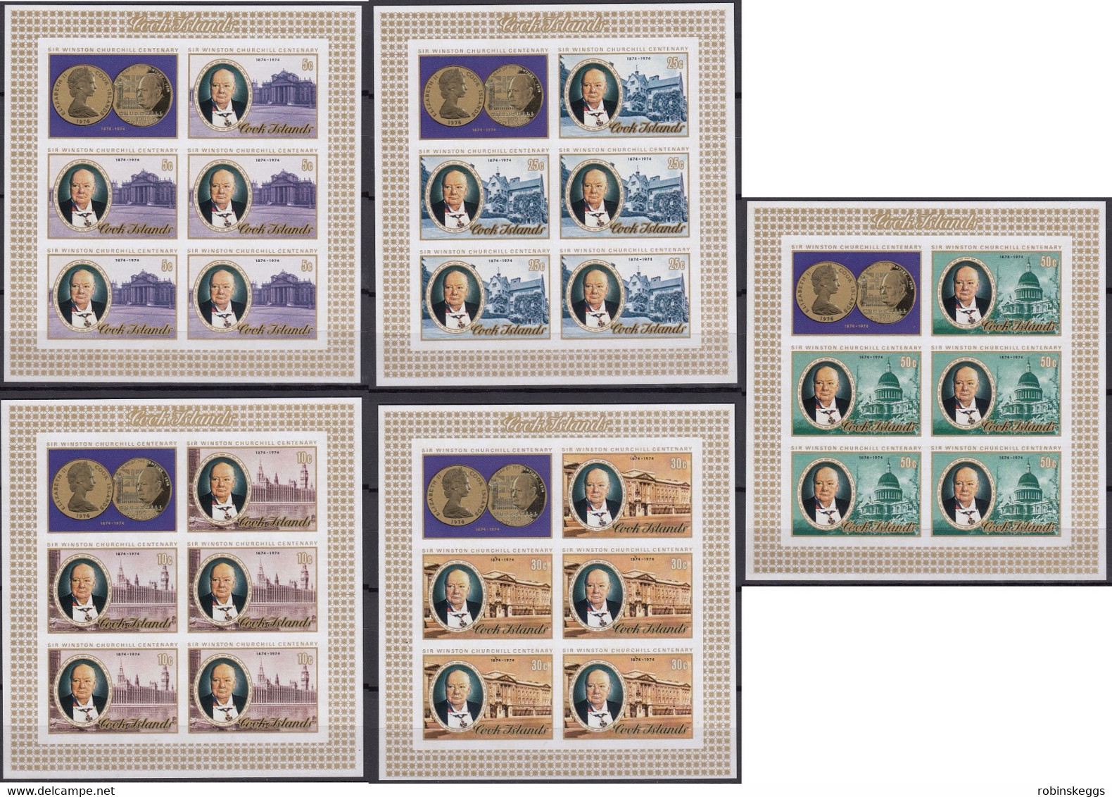 COOK ISLANDS 1974 Sir Winston Churchill Birth Centenary, IMPERFORATE Set Of 5 Sheets MNH - Sir Winston Churchill