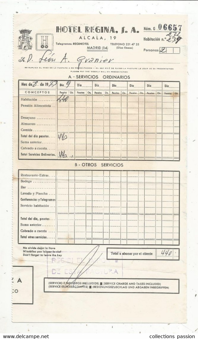 Facture , Espagne , HOTEL REGINA, MADRID ,1973 ,frais Fr 1.85 E - Spanje