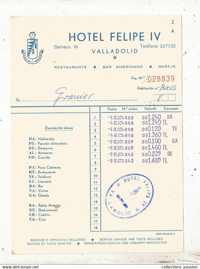 Facture , Espagne , HOTEL FELIPE IV, VALLADOLID  ,1971 , Restaurante , Bar Americano, Frais Fr 1.65 E - Spanje