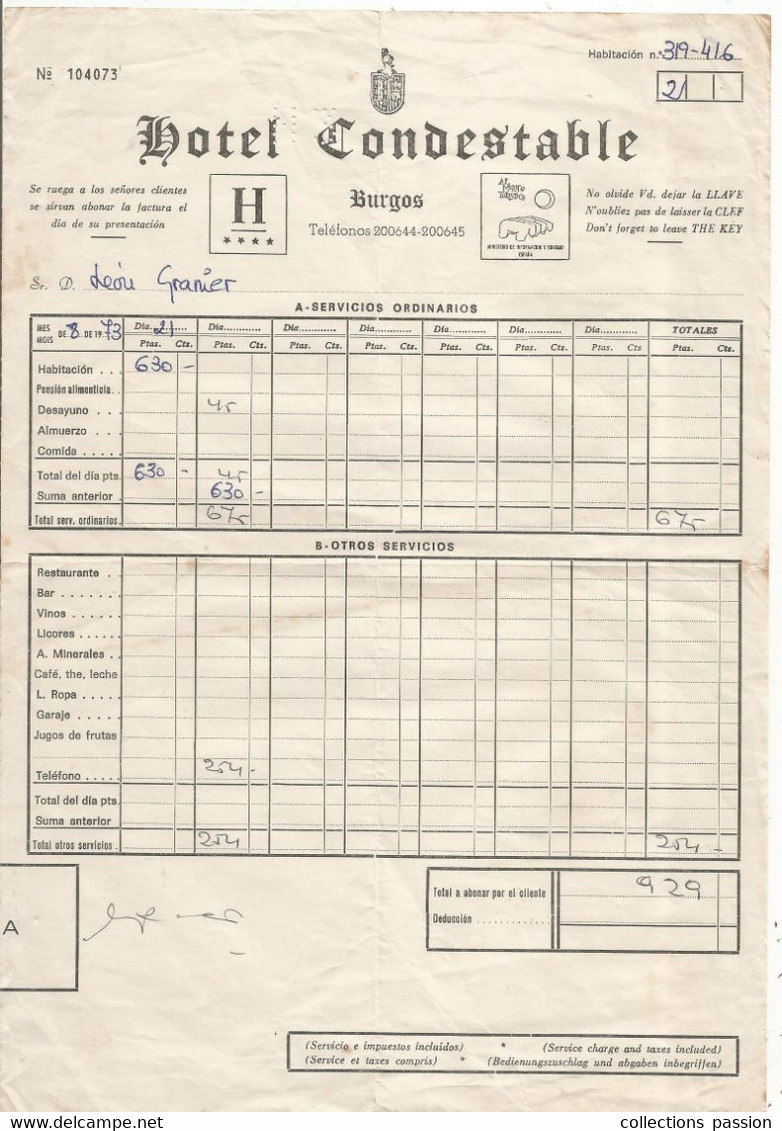 Facture , Espagne , HOTEL CONDESTABLE, BURGOS ,1973 ,frais Fr 1.85 E - Spanje