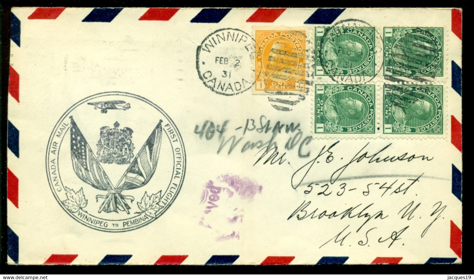 Canada 1931 Air Cover First Flight Winnipeg-Pembina Special Cancels On Front And Back Scott # 104 (4) And 126 Die II - First Flight Covers