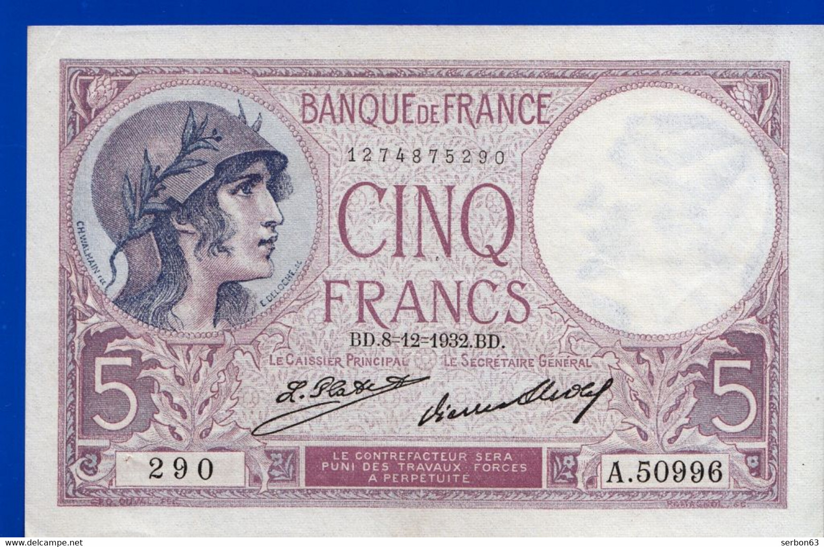 5 FRANCS VIOLET TYPE 1917 - N° A.50996 Alphabet 290 Du 08-12-1932 - SUP + 2 Trous Marqués - NOTRE SITE Serbon63 - 5 F 1917-1940 ''Violet''