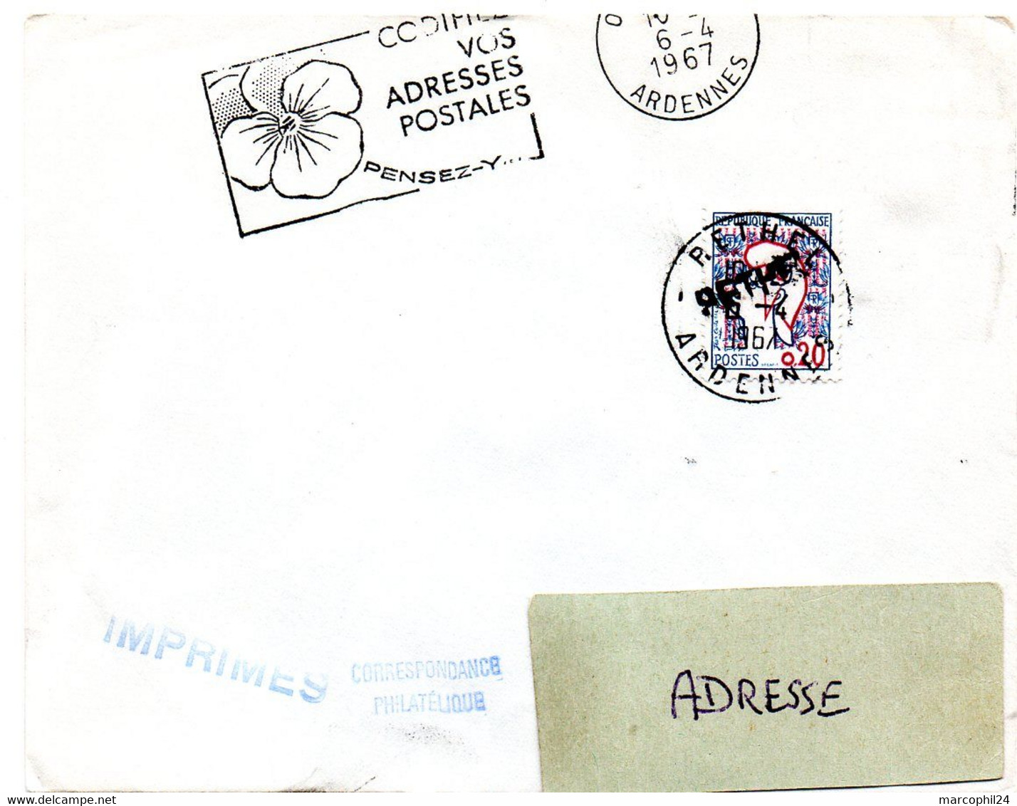 ARDENNES - Dépt N° 08 = RETHEL 1967 = FLAMME Codée = SECAP ' PENSEZ + CODIFIEZ' Pensée N° 1 + CACHET A8 + GRIFFE - Postleitzahl