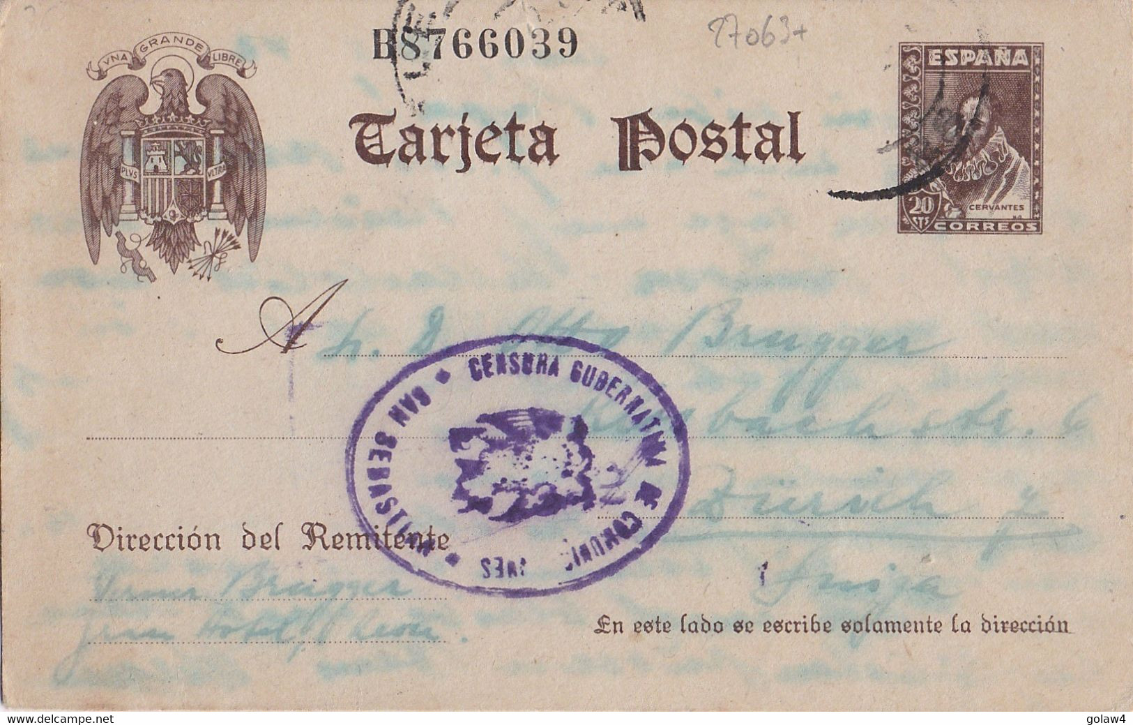 27063# ESPAGNE ENTIER POSTAL TARJETA 1942 CENSURE CENSURA GUBERNATANA DE COMUNICACIONES SAN SEBASTIAN ZURICH SUISSE - Marques De Censures Républicaines