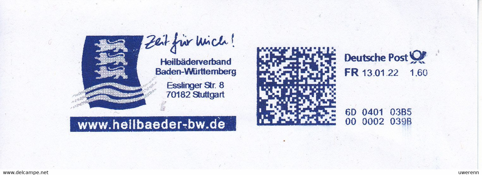 Deutschland 2021. Heilbäderverband Baden-Württemberg, Zeit Für Mich!, Absenderfreistempel (FrankIt), Briefstück - Thermalisme