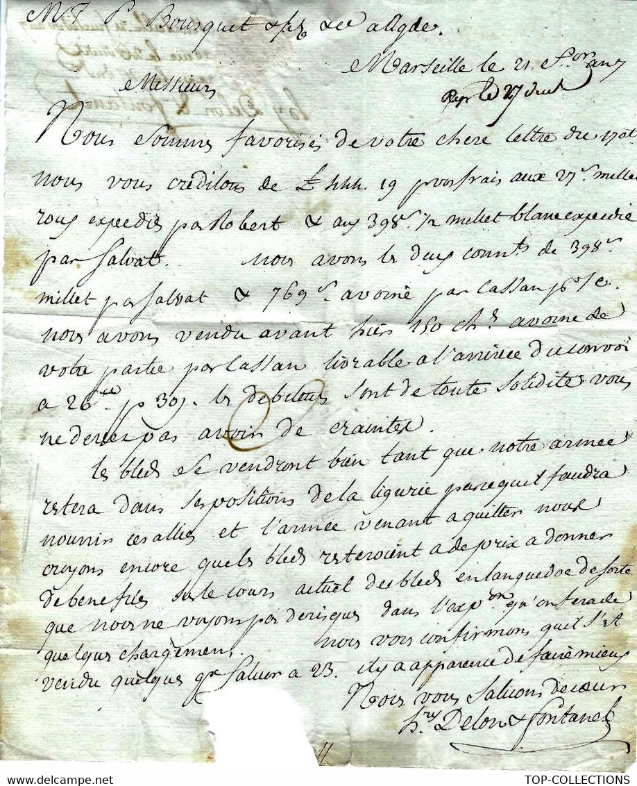 1799 REVOLUTION NEGOCE COMMERCE SPECULATION Blé Bled ARMEES NAPOLEONIENNES GUERRES LIGURIE Italie Marseille Pour Agde - ... - 1799