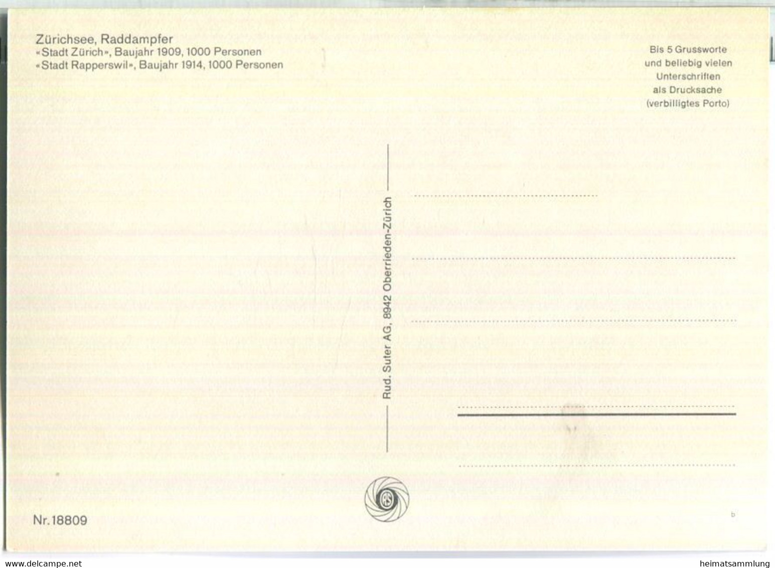 Zürichsee - Raddampfer Stadt Zürich Und Stadt Rapperswil - Verlag Rud. Suter AG Oberrieden - Oberrieden