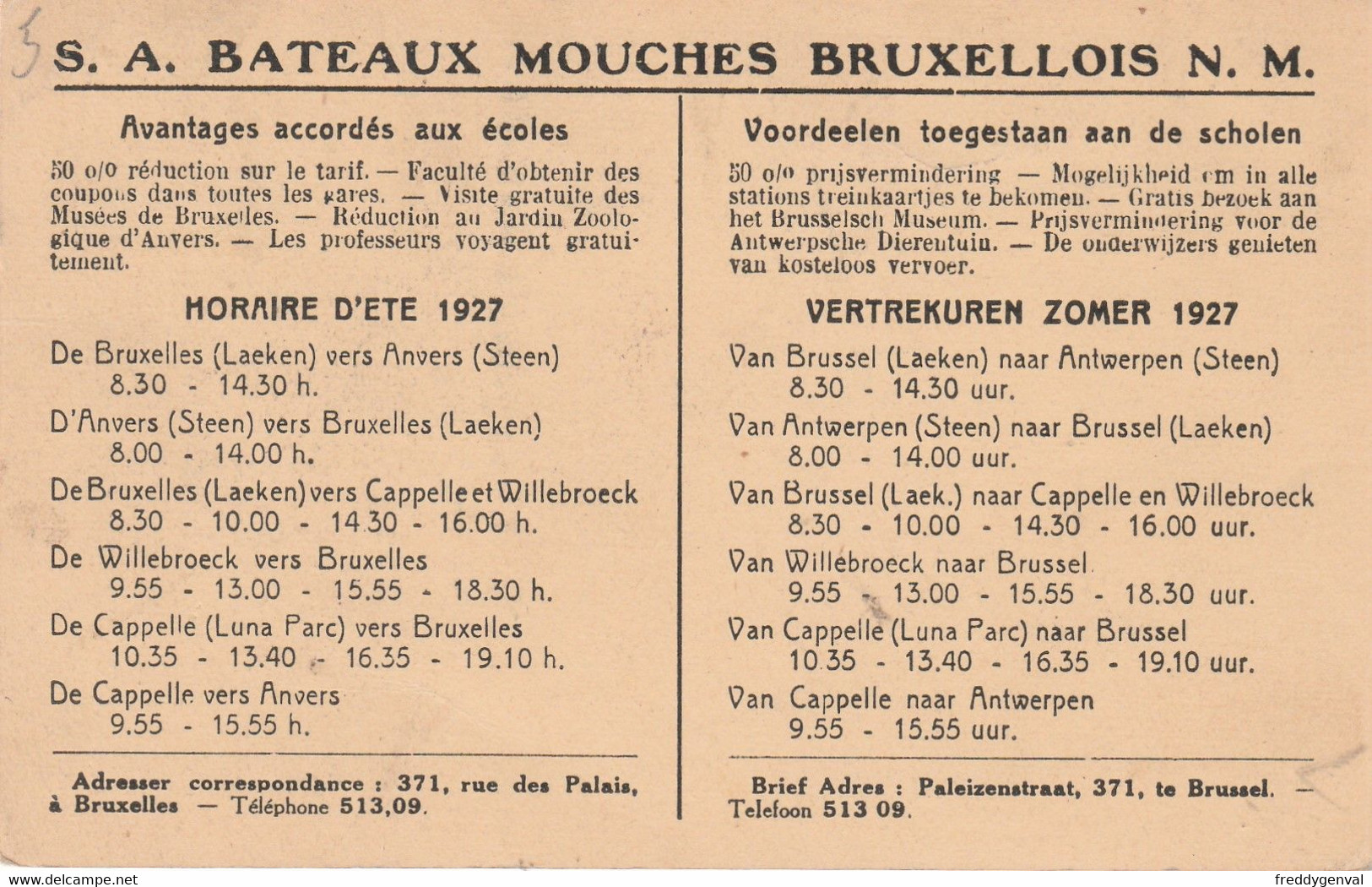 BRUXELLES SOCIETE DES BATEAUX MOUCHES HORAIRE - Maritiem