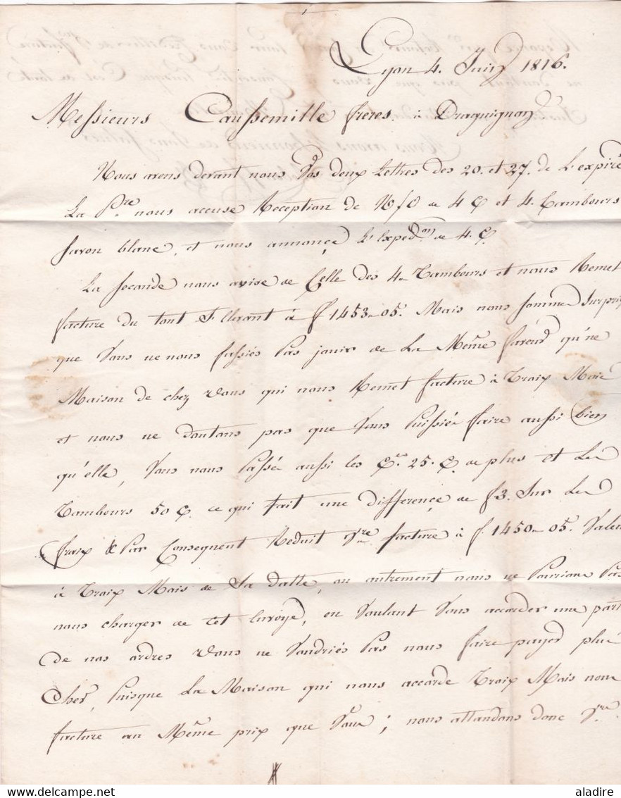 1816 - Marque postale 68 LYON sur lettre pliée de 2 pages vers DRAGUIGNAN, Var - taxe 6