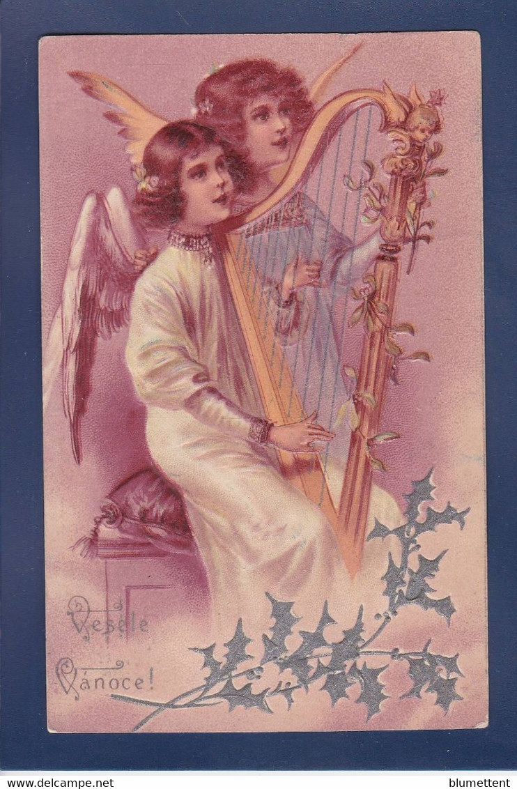 CPA Ange Angel écrite Musique Harpe Gaufré Embossed - Angels
