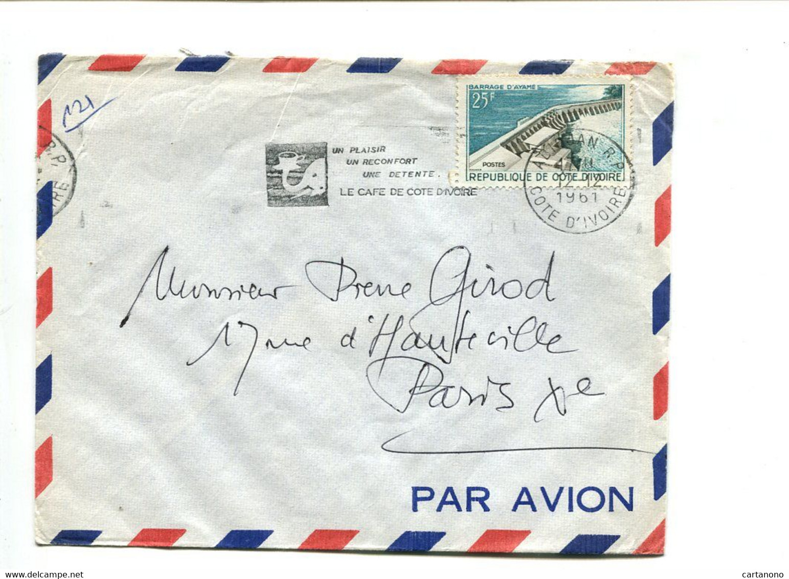 COTE D'IVOIRE 1961 - Affr. Seul Sur Lettre 25F + Flamme Illustrée "Le Café De Cote D'Ivoire" Tête D'éléphant - Côte D'Ivoire (1960-...)