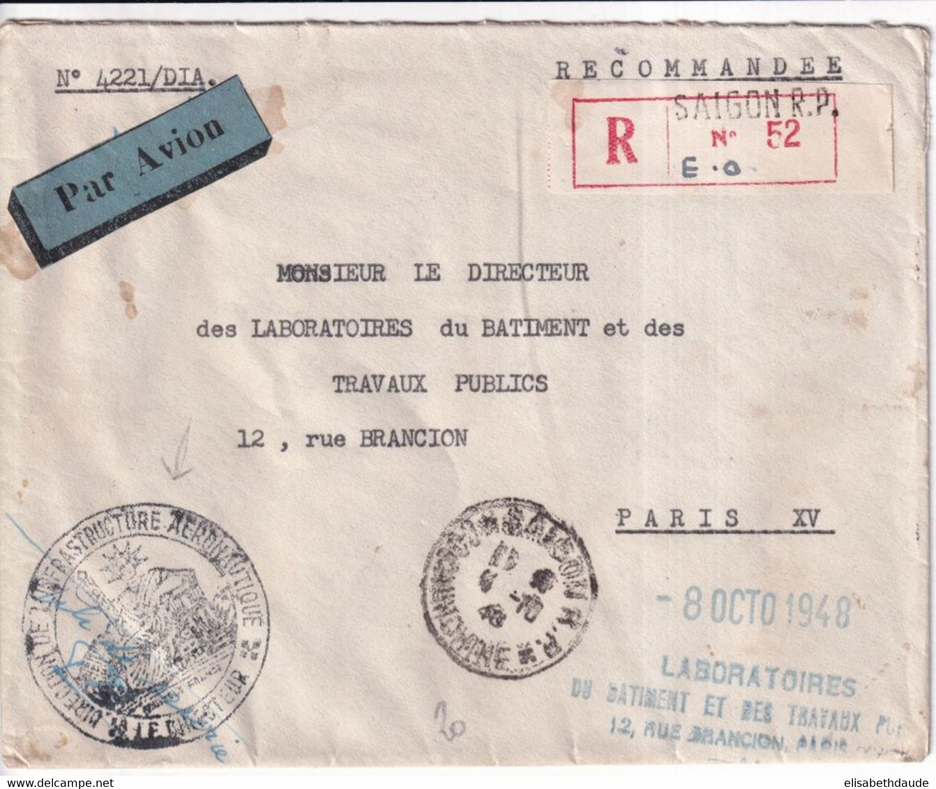 1948 - INDOCHINE - ENVELOPPE RECOMMANDEE AVION De INFRASTRUCTURE AERONAUTIQUE ! à SAÏGON => PARIS - Vietnamkrieg/Indochinakrieg