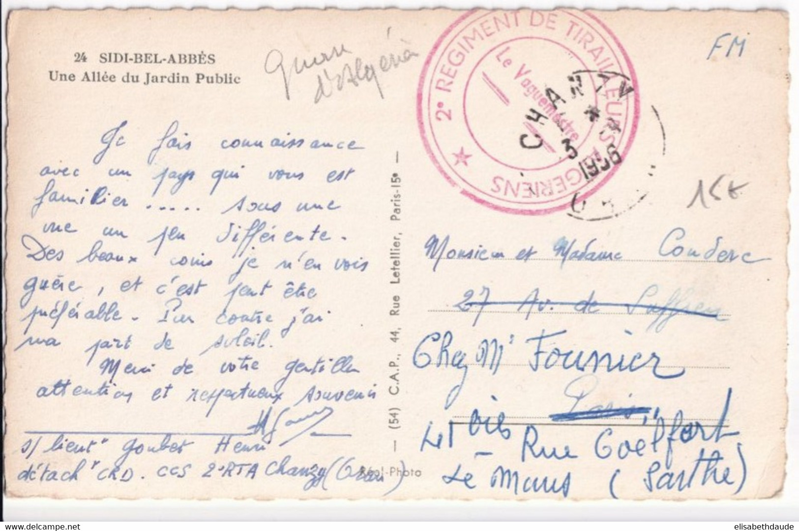 1956 - ALGERIE - CARTE FM (SIDI-BEL-ABBES) Du 2°RTA à CHANZY (ORAN) => PARIS => LE MANS - Guerre D'Algérie