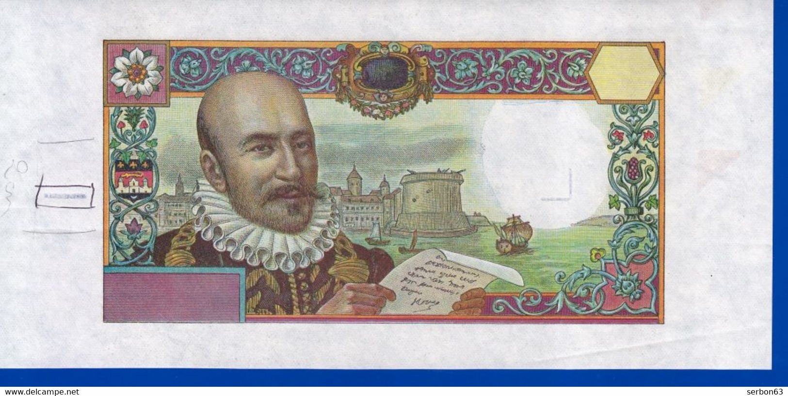 MONTAIGNE VIGNETTE PROJET EXPÉRIMENTATION DU BILLET RECTO ET VERSO PAPIER AVEC FILIGRANE (L+ TRAIT) COLLECTION PRIVÉE - Fiktive & Specimen