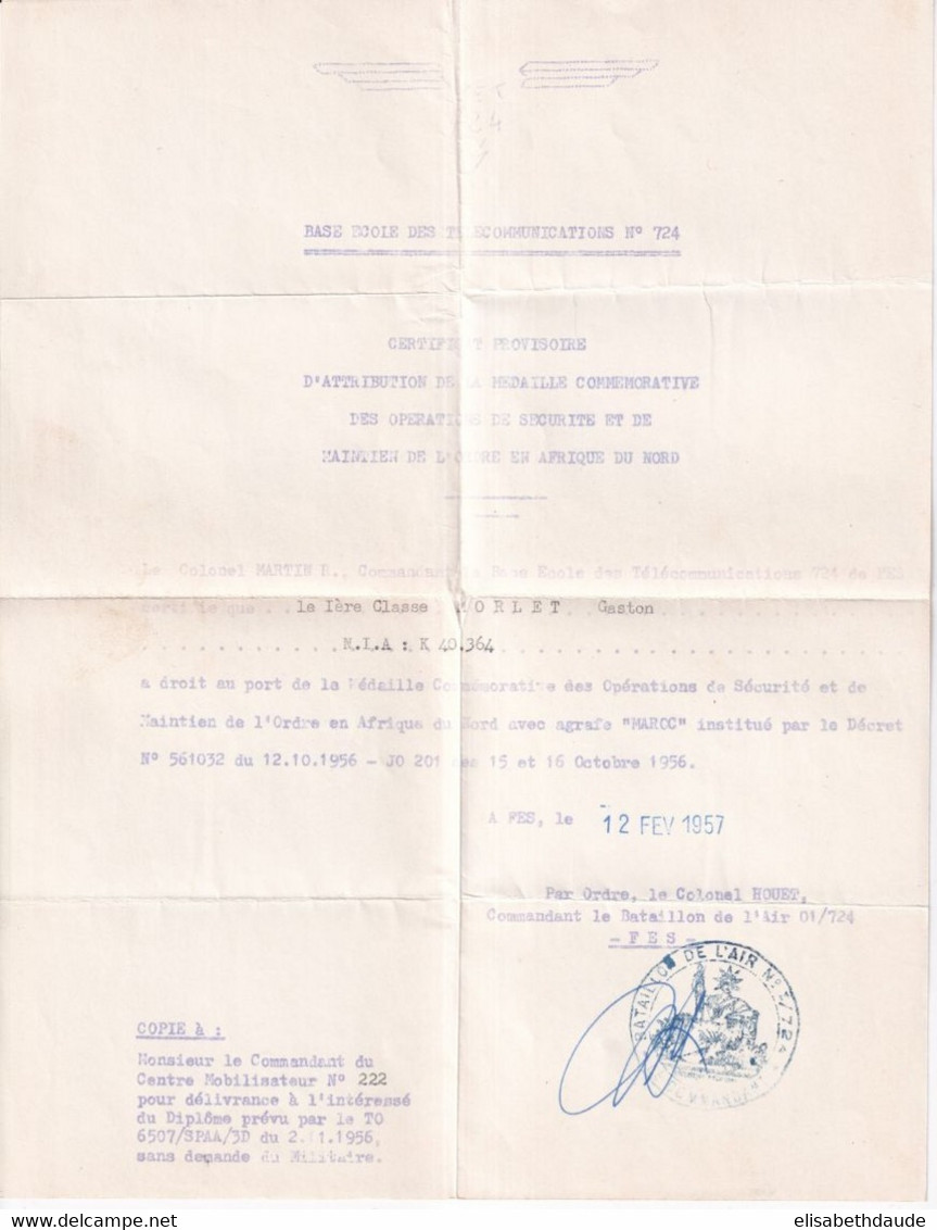 1957 - MAROC - BATAILLON DE L'AIR 01/724 à FES - REMISE De MEDAILLE ! - Guerra D'Algeria