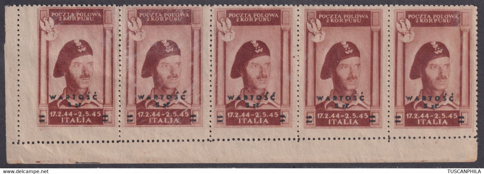 Corpo Polacco Posta Aerea 5 Z. Su 2 Z. Bruno Rosso Sass. 1 MNH** Var. Dentellatura Obliq. Esemplare Piu Grande NQ - 1946-47 Corpo Polacco Periode