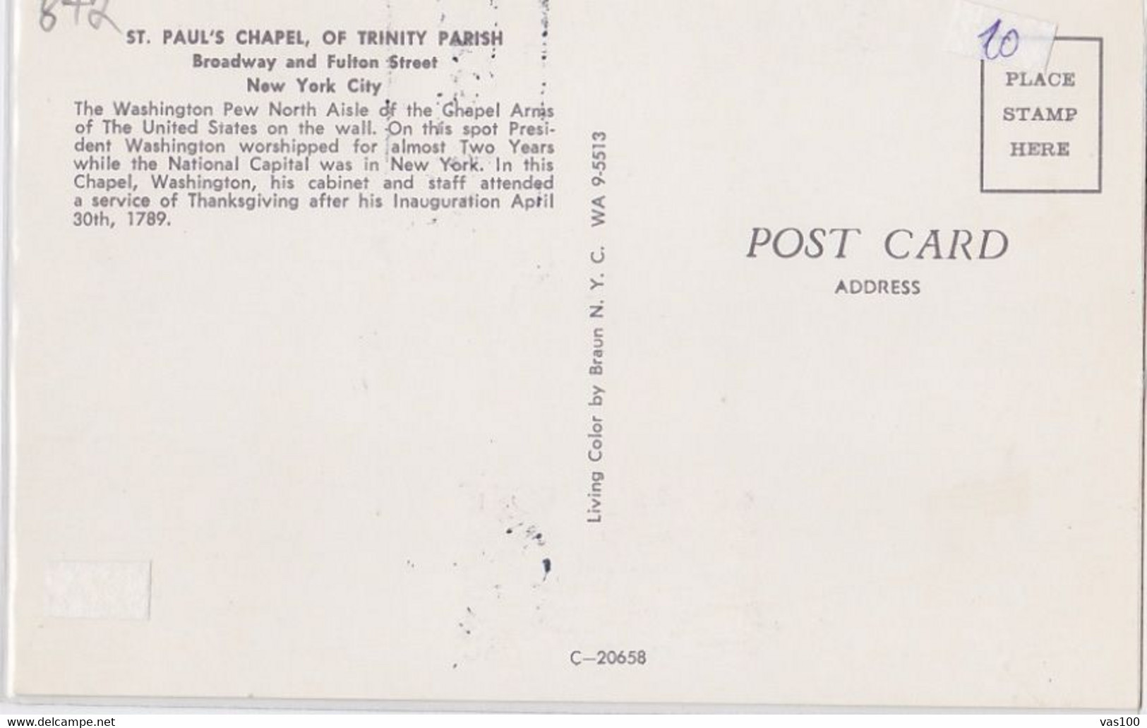 NEW YORK CITY- ST PAUL CHAPEL, GEORGE WASHINGTON SITE, CM, MAXICARD, CARTES MAXIMUM, OBLIT FDC, 1969, USA - Maximum Cards
