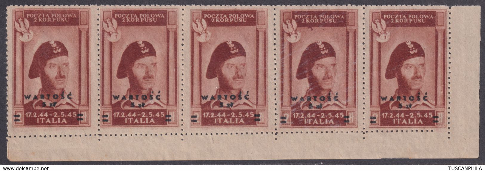 Corpo Polacco Posta Aerea 5 Z. Su 2 Z. Bruno Rosso Striscia Di 5 Sass. 1 MNH** - 1946-47 Corpo Polacco Period