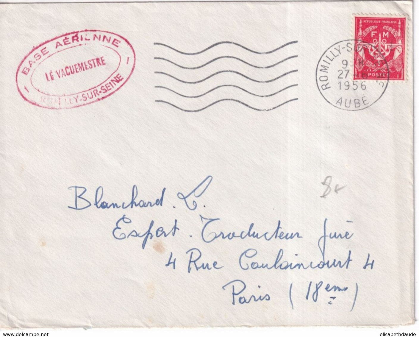1956 - BASE AERIENNE De ROMILLY SUR SEINE (AUBE) - ENVELOPPE FM - Militaire Stempels Vanaf 1900 (buiten De Oorlog)