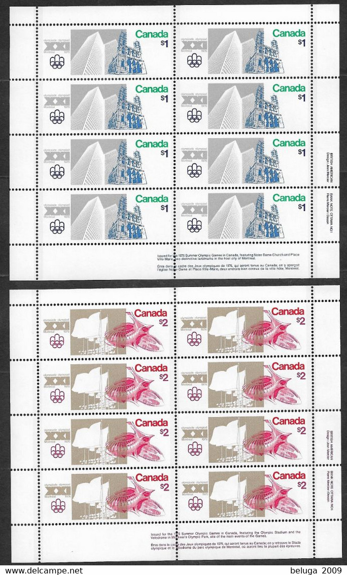 Canada 1976 Olympic Sites $1 & $2 Panes Of 8 # 687-688 MNH Lower Right Imprint - Fogli Completi