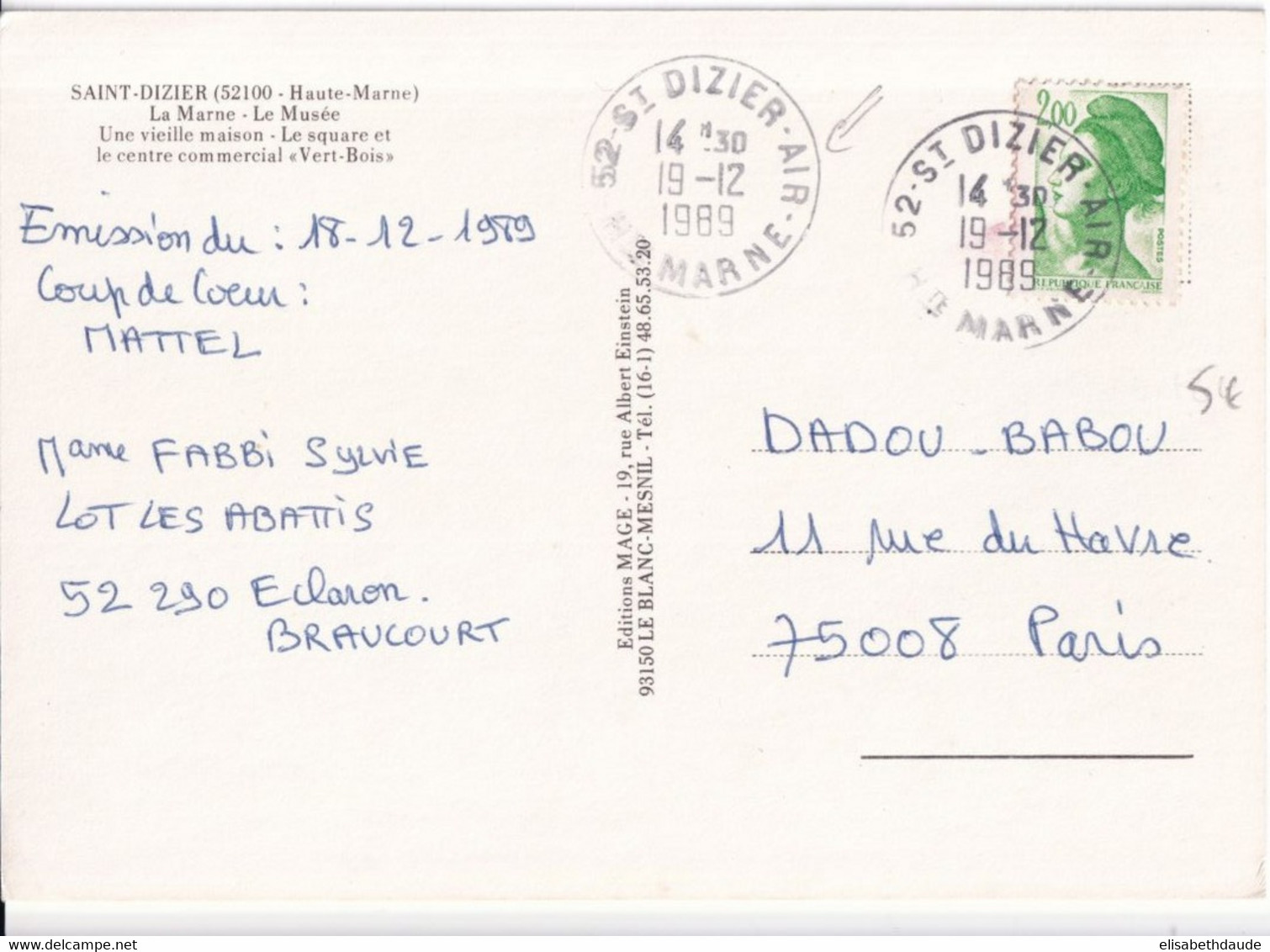 1989 - BASE AERIENNE De SAINT DIZIER (HAUTE MARNE) - CARTE De SAINT DIZIER AIR ! - Military Postmarks From 1900 (out Of Wars Periods)
