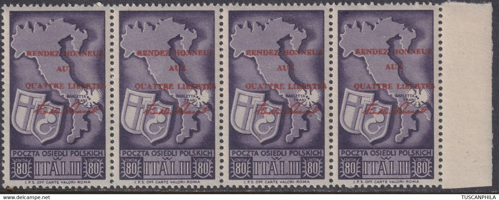 Corpo Polacco Striscia Di 4 80 C. Violetto Sass. 22 MNH** Var. Sovrastampati - 1946-47 Corpo Polacco Period