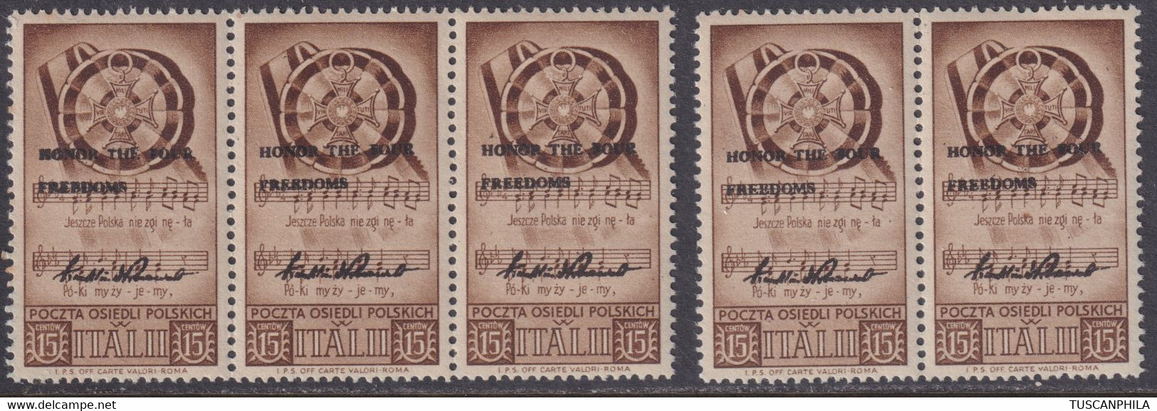 Corpo Polacco Serie Di 5 Valori 15 C. Bruno Sass. 18 MNH** Sovrastampati - 1946-47 Corpo Polacco Periode