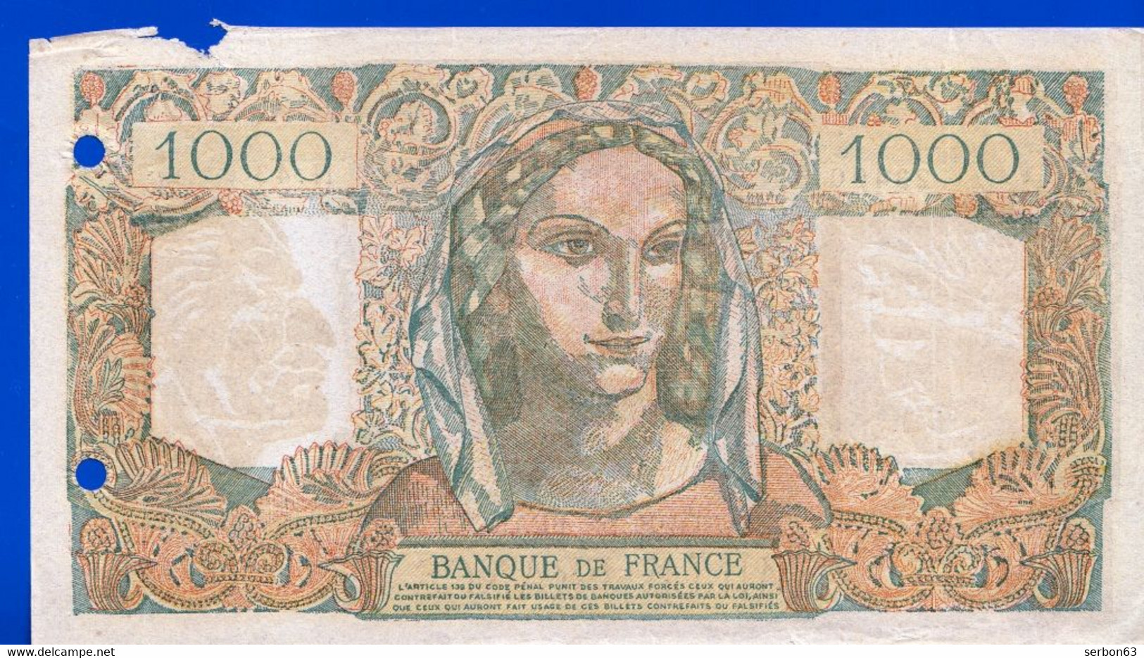 1000 FRANCS MINERVE TYPE 1945 RARE FAUX BILLET AVEC FILIGRANE AU VERNIS ANNÉE 1945 SITE Serbon63 DES MILLIERS D'ARTICLES - Fiktive & Specimen