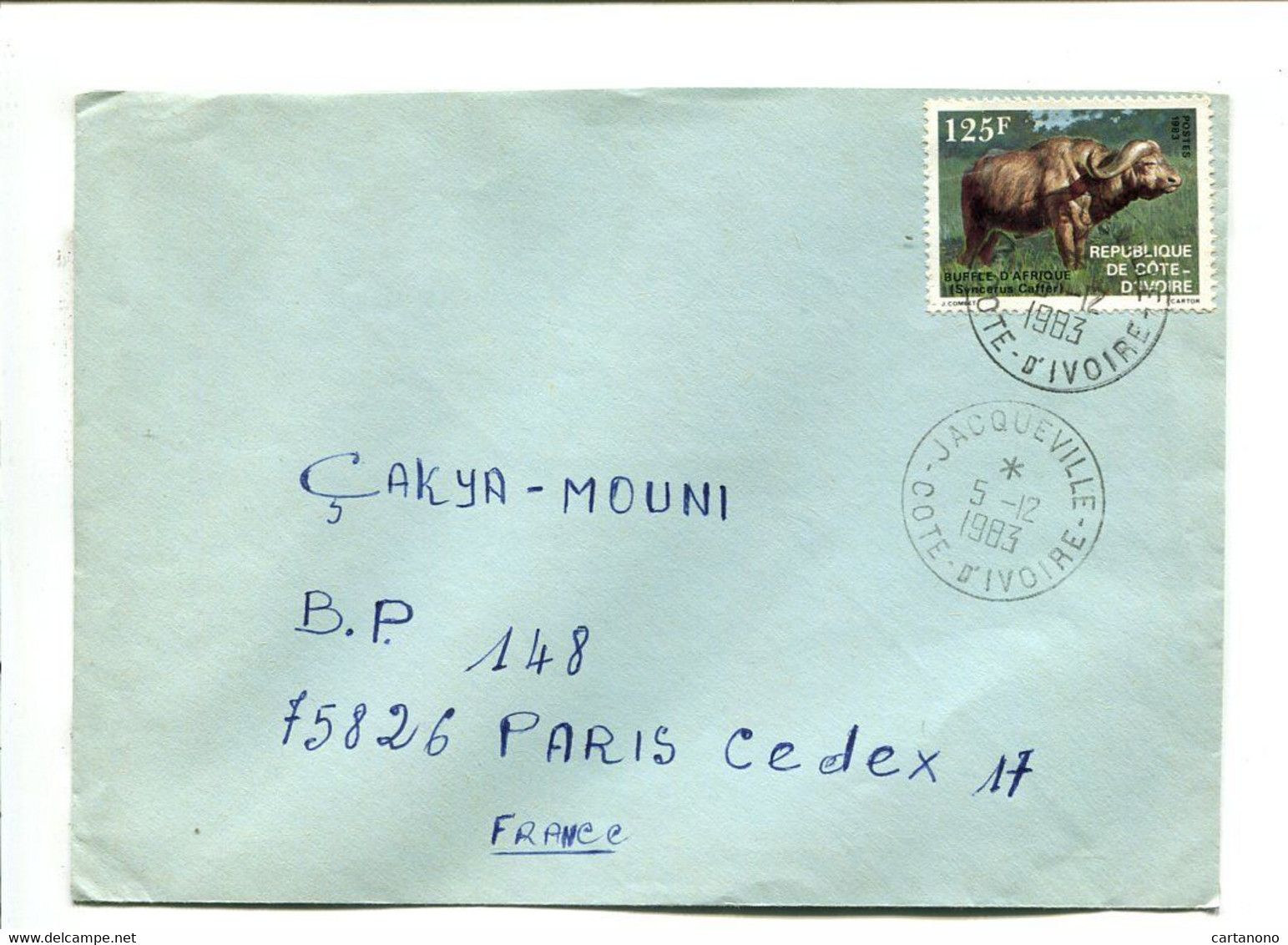 COTE D'IVOIRE 1983 - 125F Seul Sur Lettre - Buffle D'Afrique - Côte D'Ivoire (1960-...)