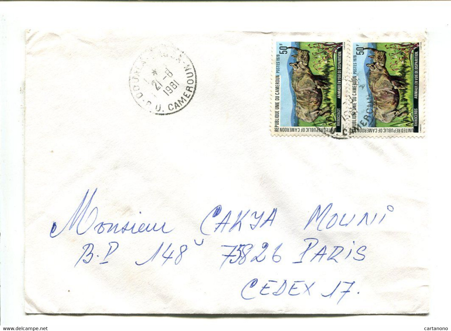 CAMEROUN 1981- Affr. Sur Lettre  -  Rhinocéros - Cameroon (1960-...)